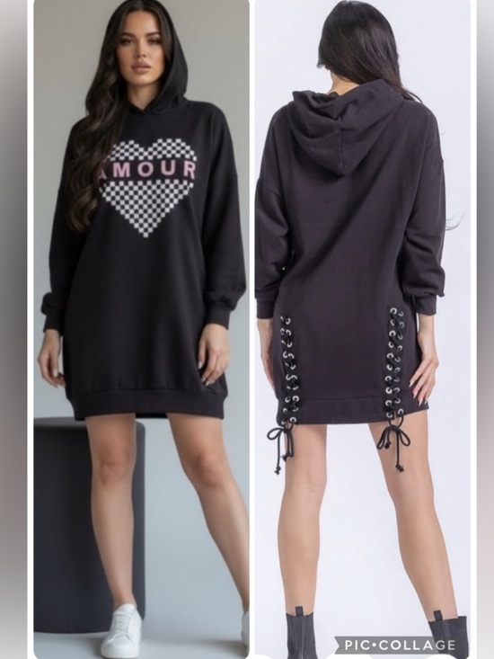 Dresses & Skirts - NWT Amour Black Corset Lace Up Checkered Hoodie Sweatshirt Mini Dress Boutique